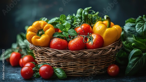 A wicker basket filled with fresh  organic vegetables  including tomatoes  peppers  and herbs