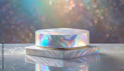 Iridescent cylindric podium. Central platform on 
silver background with shimmering colorful lights for product promotion.