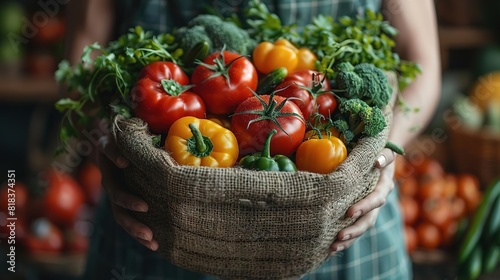 A woman holding a basket full of fresh vegetables