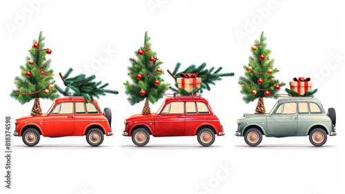  Christmas red retro car with green pine tree. Happy holidays vector illustration 3d avatrs set vector icon, white background, black colour icon © Nabeel