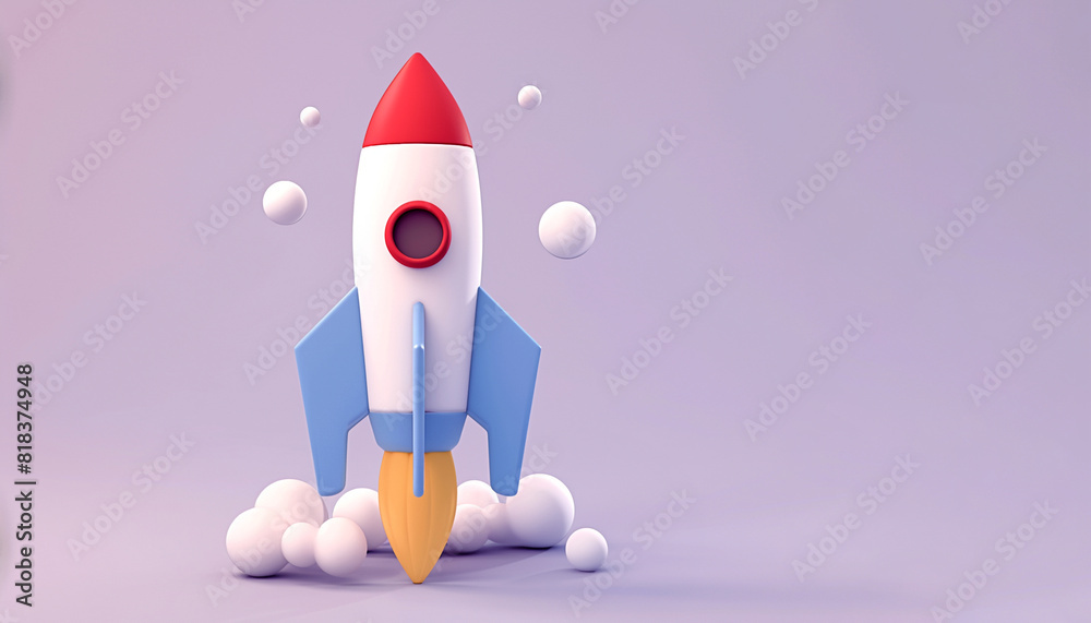 3d illustration of toy rocket launch with white smoke in technology theme 3d illustration of toy rocket launch with white smoke in technology theme