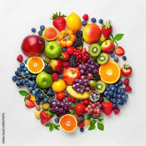 Colorful fruit with white background and warm light for product presentation in top view.  