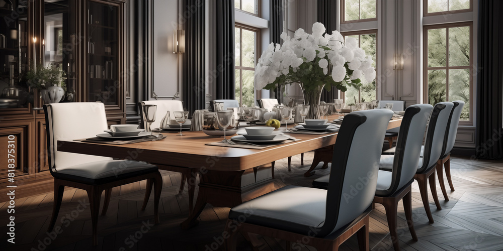 A realistic 3D art image of a luxurious dining room with a prominent design table and sophisticated furnishings. 