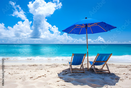 Beach umbrella with two chairs on the sand. summer travel vacation background with copy space.  