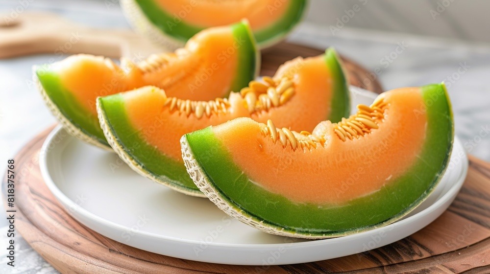 Fresh Slices of Green and Orange Cantaloupe Melon on White Plate Against Wooden Board. Generative AI Fresh Slices of Green and Orange Cantaloupe Melon on White Plate Against Wooden Board. Generative AI