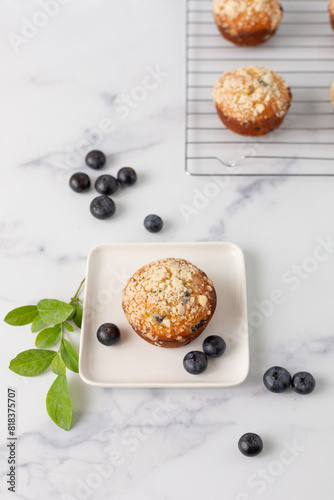 Top View of a Blueberry Muffin on a White Plate on White Kitchen Counter; Muffins on a Cooling Rack in Background; Blueberries and Blueberry Leaves Scattered Around Plate
