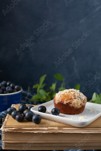 Blueberry Muffin on White Plate on Top of Old Cookbook; Fresh Blueberries in Background; Blue Marble Background