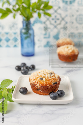 One Homemade Blueberry Muffin on a White Plate with More Muffins  on a Cooling Rack in the Background in a Blue and White Kitchen; Blueberries Scattered Around; Blueberry Branches in Blue Vase in Back