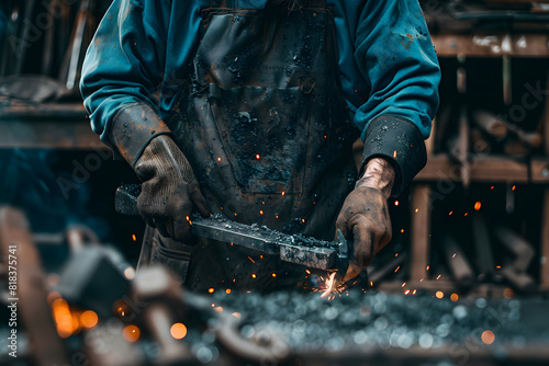Blacksmith forging hot metal in workshop