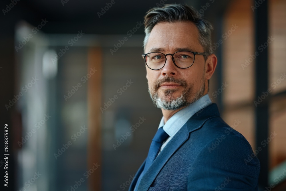 Confident middle-aged man in a stylish blue suit and glasses posing in a modern office corridor Confident middle-aged man in a stylish blue suit and glasses posing in a modern office corridor