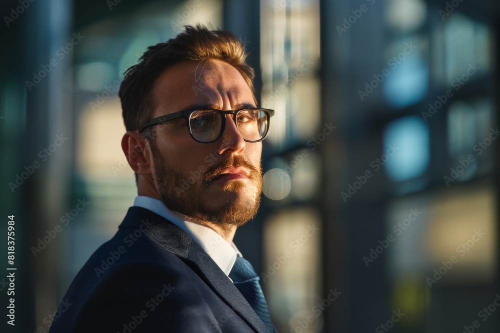 A man in a suit is seen from behind looking towards a section of modern glass buildings, backlit by sunlight A man in a suit is seen from behind looking towards a section of modern glass buildings, backlit by sunlight