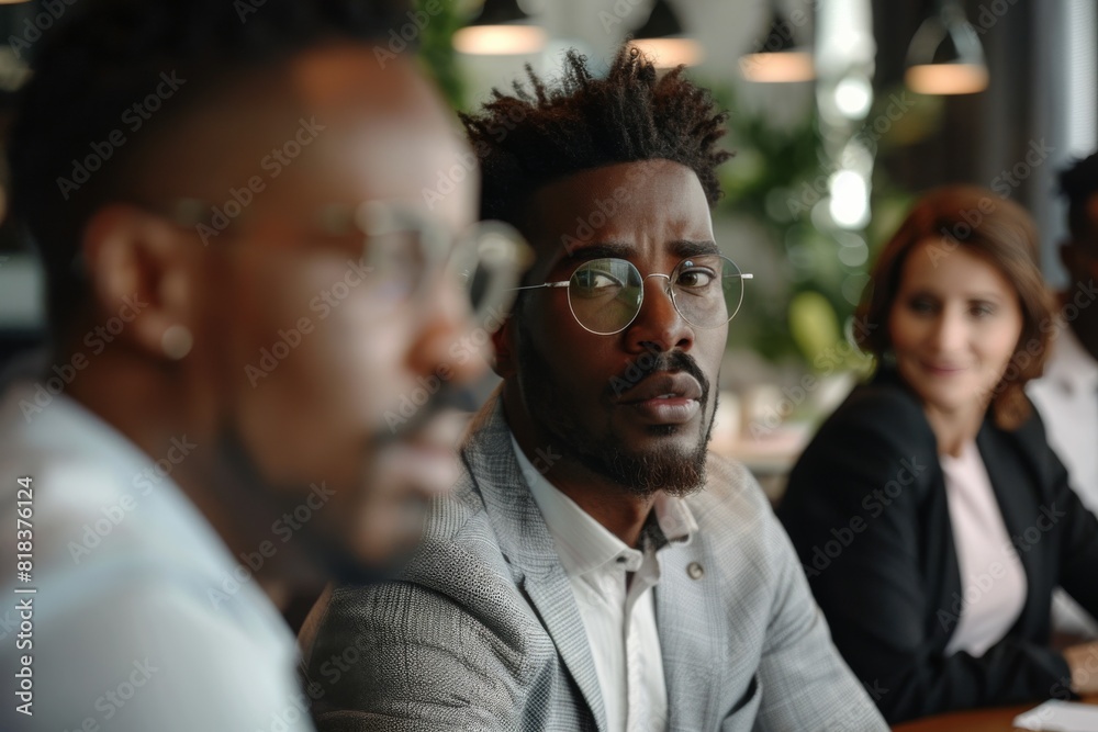 A sharply dressed African American businessman focusing during an important meeting A sharply dressed African American businessman focusing during an important meeting