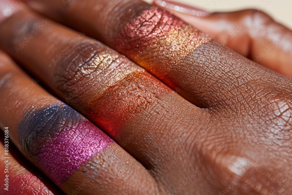 Close-Up of Hands Showing Vibrant Shimmery Eyeshadow Swatches in Various Colors Applied on Dark Skin with Texture Detail Close-Up of Hands Showing Vibrant Shimmery Eyeshadow Swatches in Various Colors Applied on Dark Skin with Texture Detail
