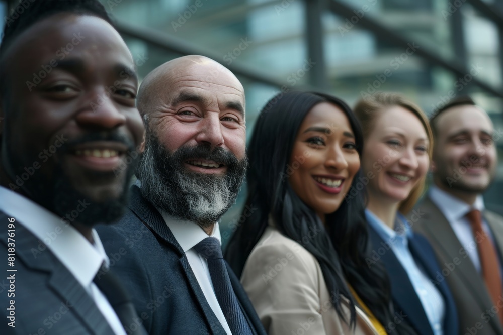 A diverse group of professionals stands in a line, with one man in focus, demonstrating teamwork and unity A diverse group of professionals stands in a line, with one man in focus, demonstrating teamwork and unity