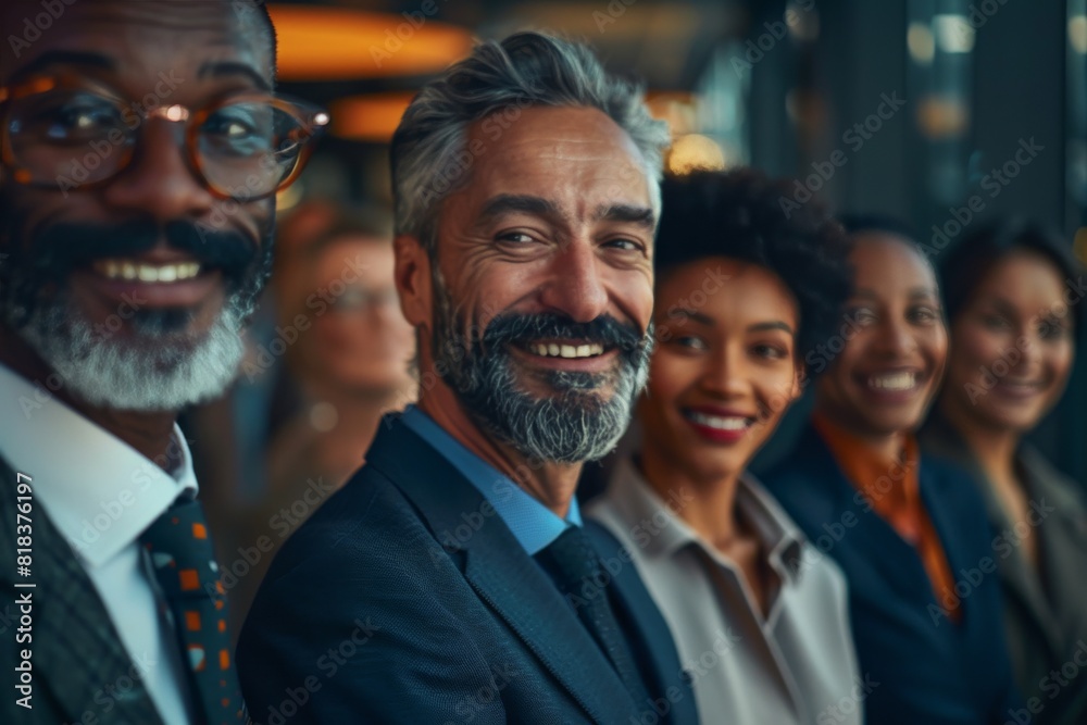 A diverse business team stands side by side, grinning confidently in a close-knit formation, showing harmony A diverse business team stands side by side, grinning confidently in a close-knit formation, showing harmony