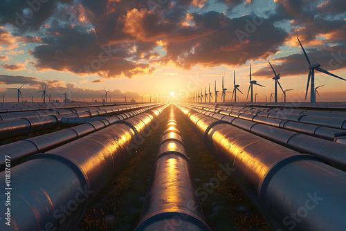Dramatic sunset over wind turbines and pipelines