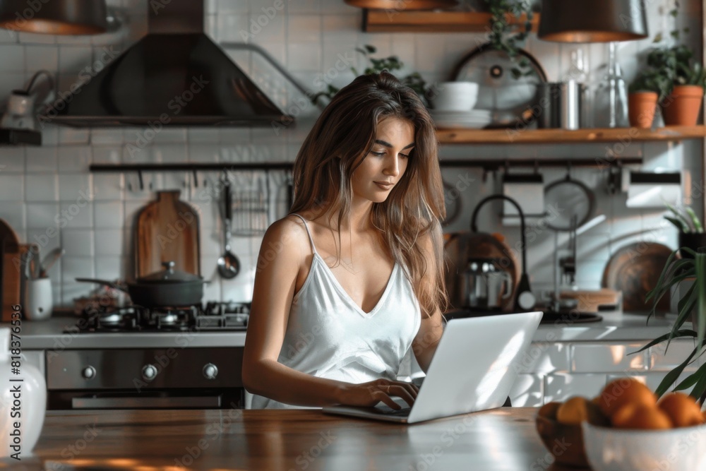 A serene young woman works on her laptop in the morning light, in a stylishly furnished kitchen, embodying modern living A serene young woman works on her laptop in the morning light, in a stylishly furnished kitchen, embodying modern living