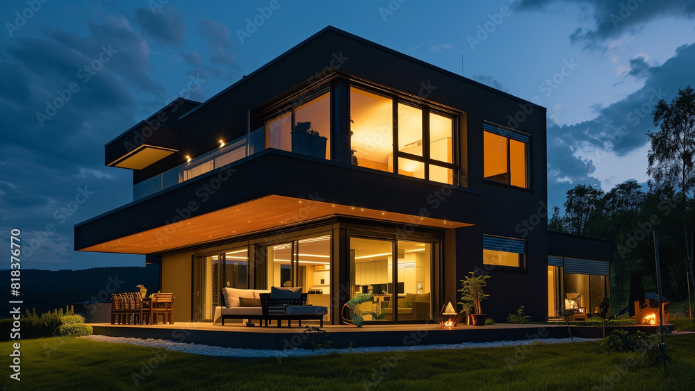 Glowing Nighttime: Modern Black House Design