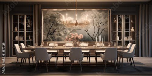 A realistic 3D art image of a dining room  focusing on a grand design table and the luxurious ambiance of the space.