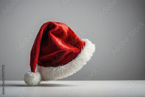 A christmas red and white santa hat with a white fur cap.
 photo