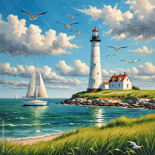 A white lighthouse stands on a grassy coastline with sailboats and seagulls photo