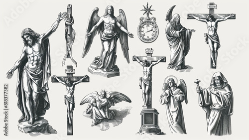  Faith in God concept in sketch . Set of religious illustrations in vintage engraving 3d avatrs set vector icon, white