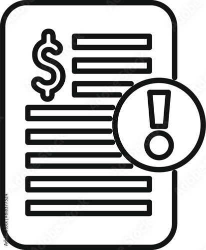 Black and white line icon of a financial document with a dollar sign and alert symbol