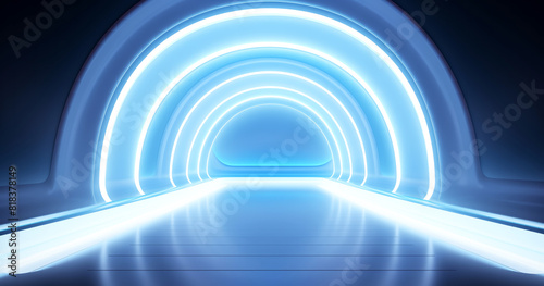 Futuristic tunnel illuminated by bright  neon blue lights. Sleek design and radiant glow that emanates from circular light patterns on walls and floor  concept of advanced technology and innovation