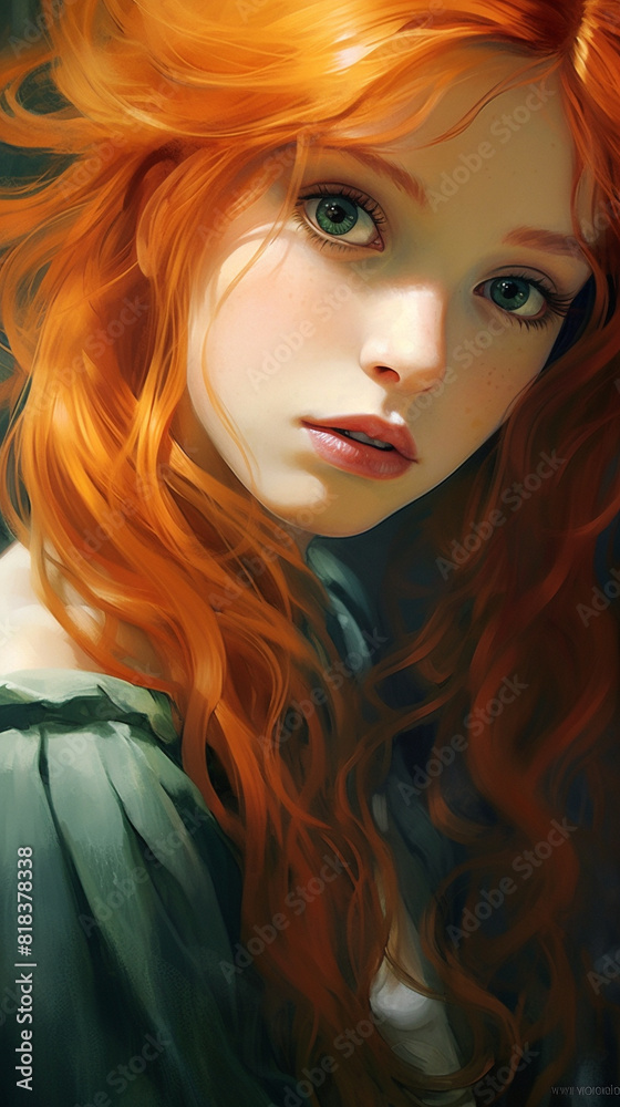 Naklejka premium Red Haired Bruntte girl Face Closeup Portrait elegant princess dress