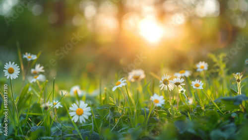 Spring Serenity: Daisies in Sunlight with a Blurred Meadow Backdrop