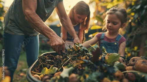 A grandmother and her two granddaughters are working together in a garden photo