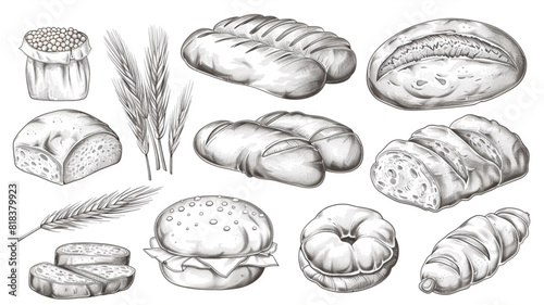  Farm wheat concept. Baking bread  food collection. Hand drawn bakery sketch illustration set 3d avatrs set vector icon  white