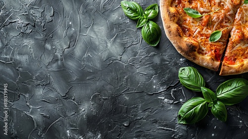 Delicious pizza and black concrete background  space for text