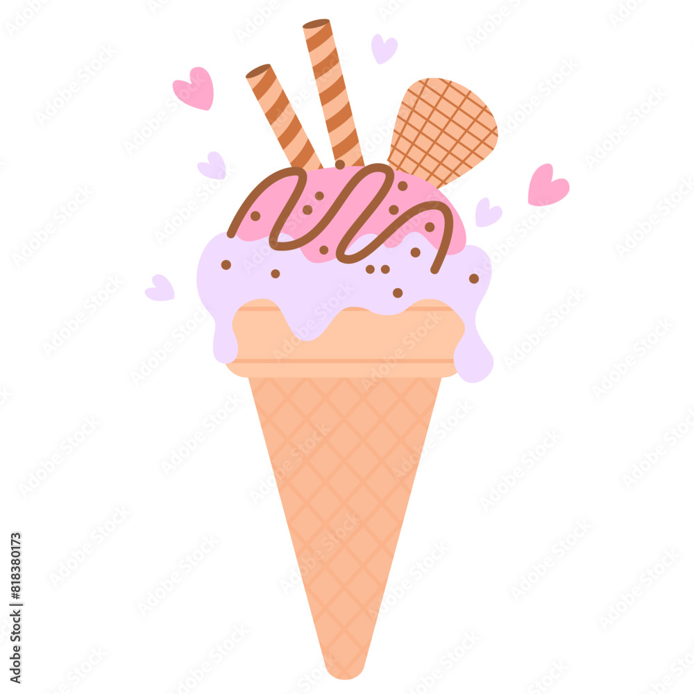 Fresh ice cream cone. Fresh and bright illustration with ice cream. Melting ice cream balls in the waffle cone Fresh ice cream cone. Fresh and bright illustration with ice cream. Melting ice cream balls in the waffle cone
