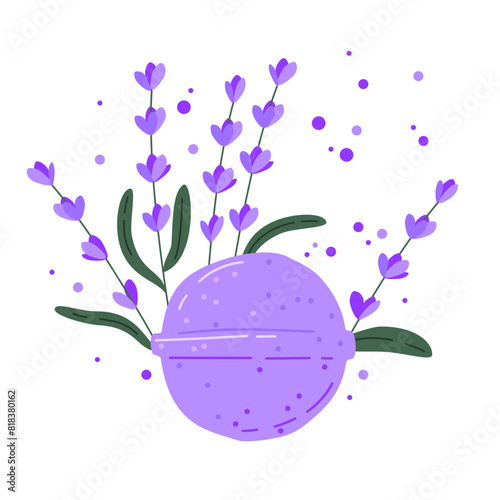 Lavender bath bomb. Handmade lavender bath bombs and lavender flowers on white background. Lilac bath bomb