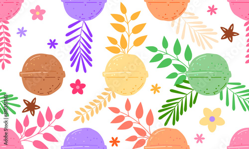Colorful bath bombs. Seamless pattern with Bath Bomb in hand drawn style. Handmade Spa Soap Cosmetic. Fragrant effervescent bath bombs. Cosmetic bubbling bath ball. Home care