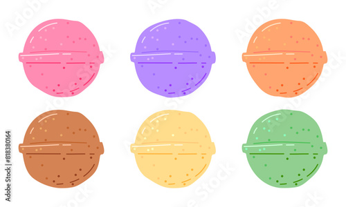 Colorful bath bombs. Set Bath Bomb in hand drawn style. Handmade Spa Soap Cosmetic Collection. Fragrant effervescent bath bombs. Cosmetic bubbling bath ball. Home care