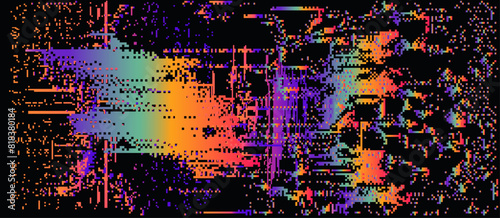Dark background with distorted pattern of decaying neon pixels. Vector illustration in 8-bit glitch art style.