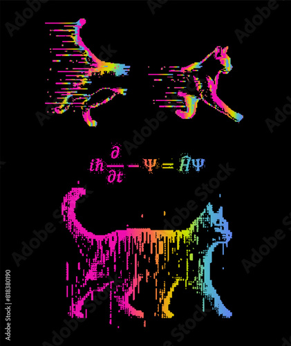 Vector illustration of Schrodinger's cat in pixel art futuristic style and neon colors. Concept of virtual reality simulation and quantum computing.