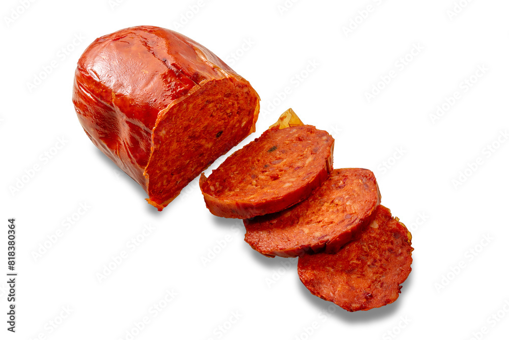 Sliced Nduja isolated , Nduja is a spicy pork and chili pepper spread typical of Calabria, Italy. Sliced Nduja isolated , Nduja is a spicy pork and chili pepper spread typical of Calabria, Italy.