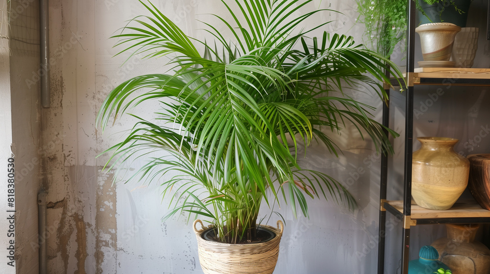 Fototapeta premium Areca Palm in Decorative Pot in Rustic Home Setting