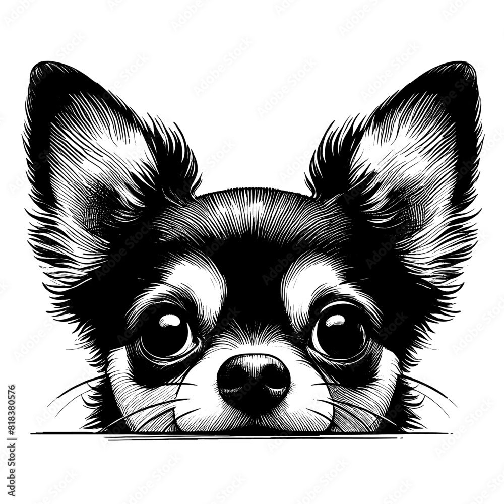 Hand drawn cute peeking Chihuahua, vector sketch isolated on transparent background.	