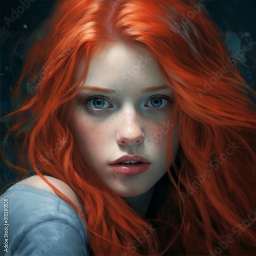 Red Haired Bruntte girl Face Closeup Portrait elegant princess dress