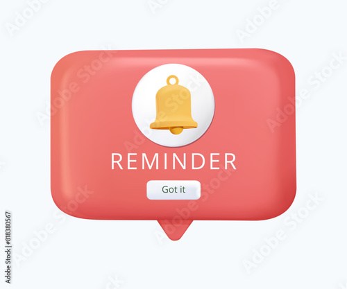 Discount notification, Reminder app, notifications page with floating elements. Discount pop up box with a percent sign and a bell. 3d vector illustration