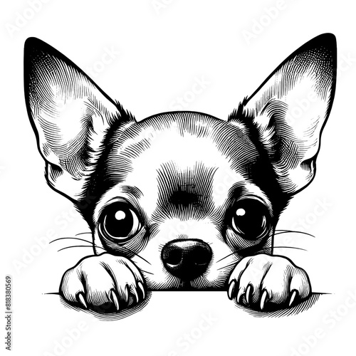 Hand drawn cute peeking Chihuahua, vector sketch isolated on transparent background.	