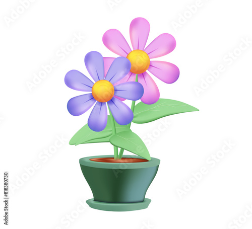 Flower in the pot 3D illustration, plant with leaves in pot. Houseplants isolated. Trendy hugge style, urban jungle