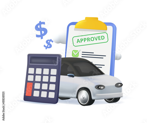 Dealership car loan, auto dealer 3D illustration. Auto buy dealer, car dealership, used or rental vehicle shop 3D vector