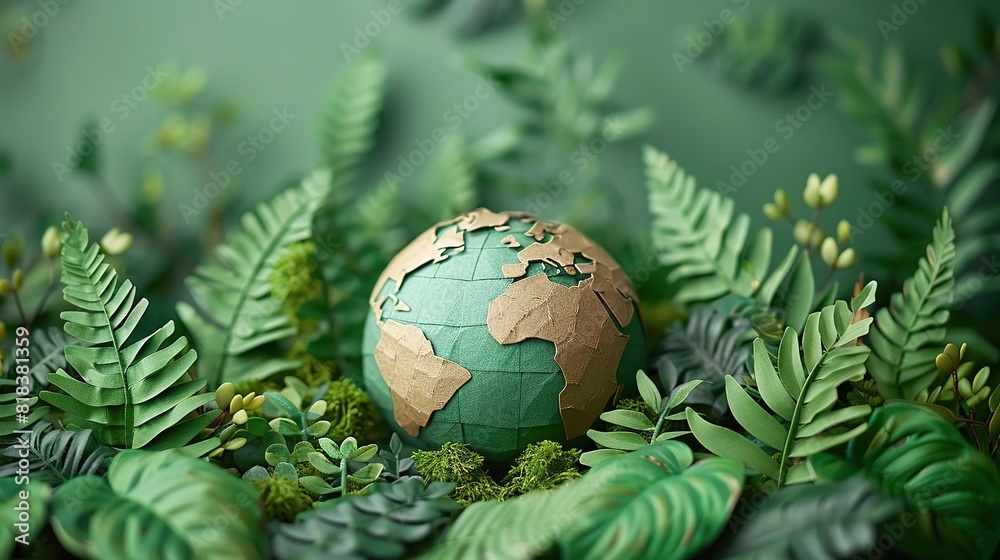 A beautiful 3D rendering of a green planet Earth made of paper sitting in a lush green field of ferns and moss A beautiful 3D rendering of a green planet Earth made of paper sitting in a lush green field of ferns and moss