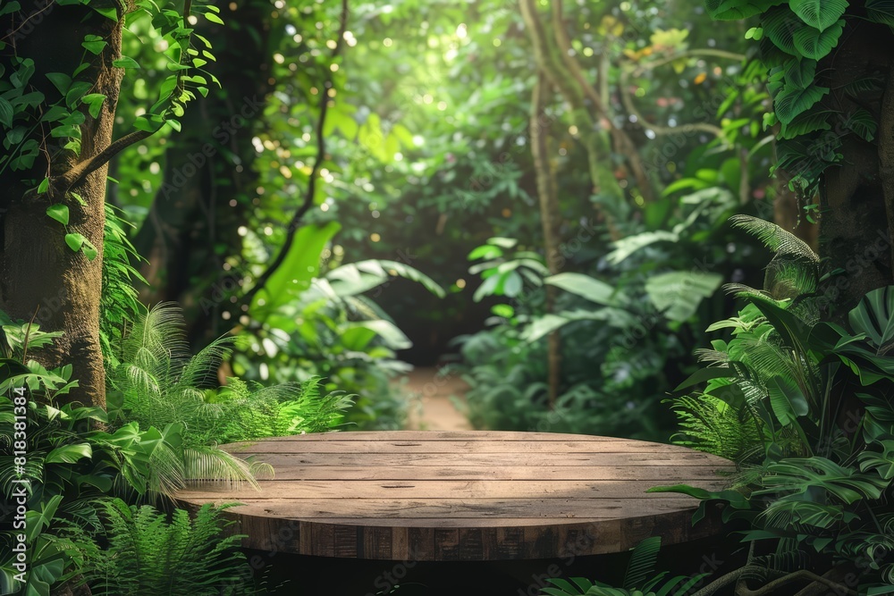 A blank podium showcase with a model of a forest pathway leading to a bright clearing A blank podium showcase with a model of a forest pathway leading to a bright clearing