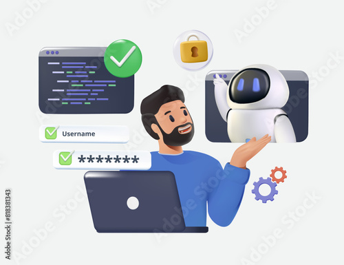 Maker Culture concept A man with a robot 3D illustration. Future of coding and robotics, a blend of technology and human